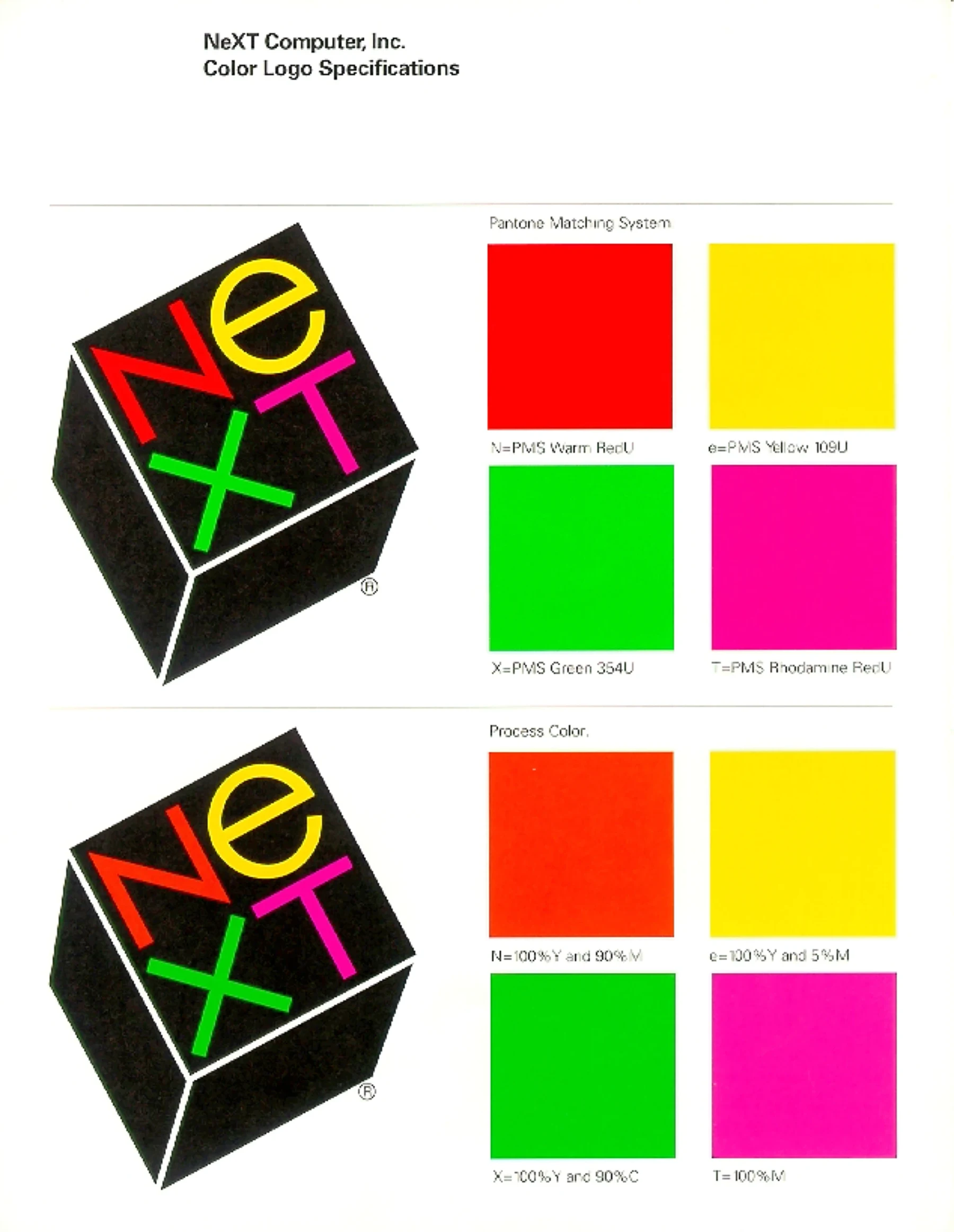 NeXT’s color logo specification with the cube and four Pantone color swatches.