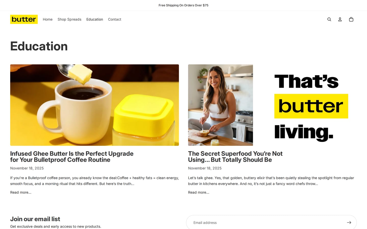 The Education page of butterspreads.com: two articles with their pictures.