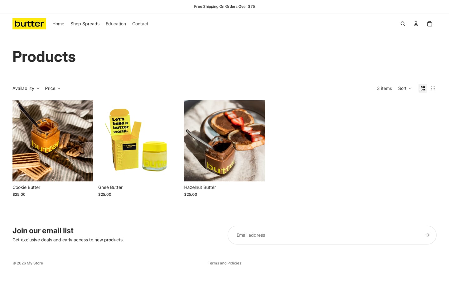 The Products page of butterspreads.com: three jars in a row with their names and prices.