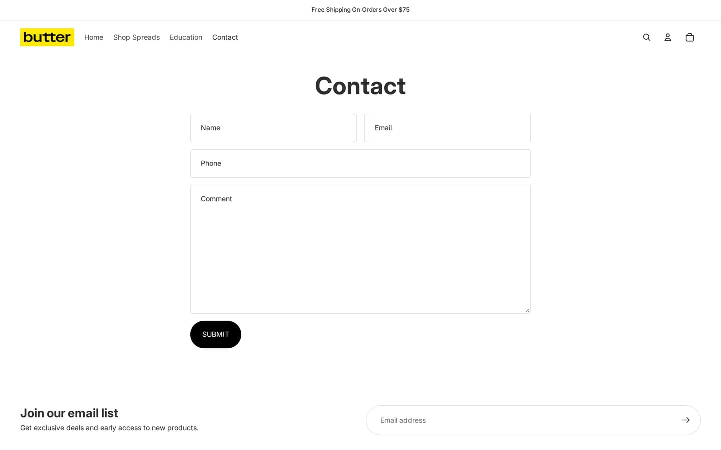 The Contact page of butterspreads.com.