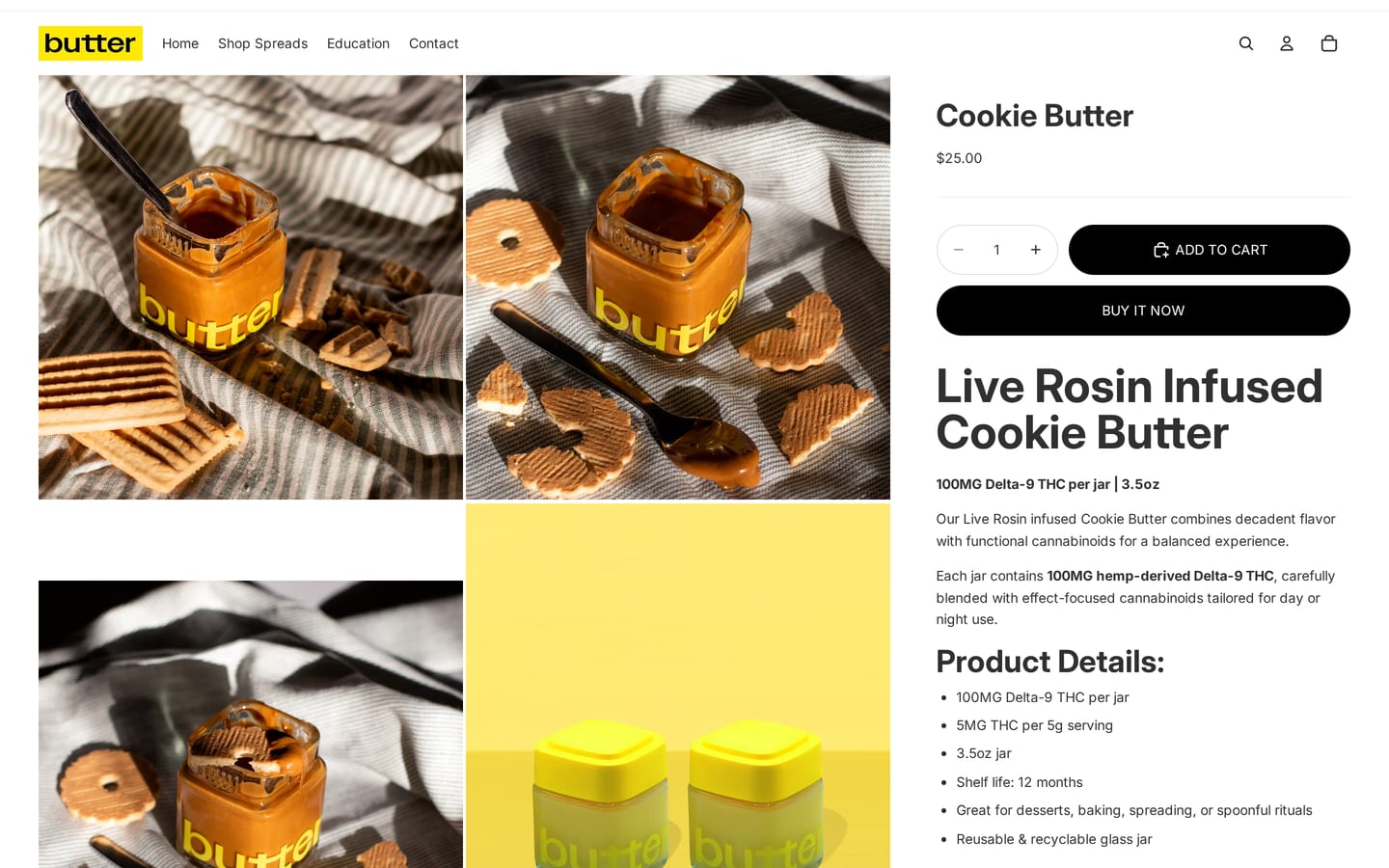 The Cookie Butter page: four photographs of the jar and the spread, the description and the Add to cart beside them.