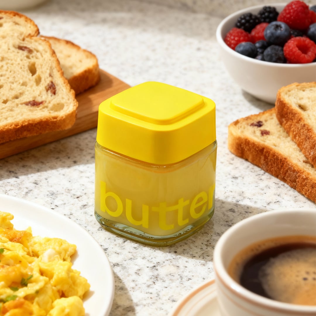 A jar of butter on a wooden board with crackers, the spread on them.