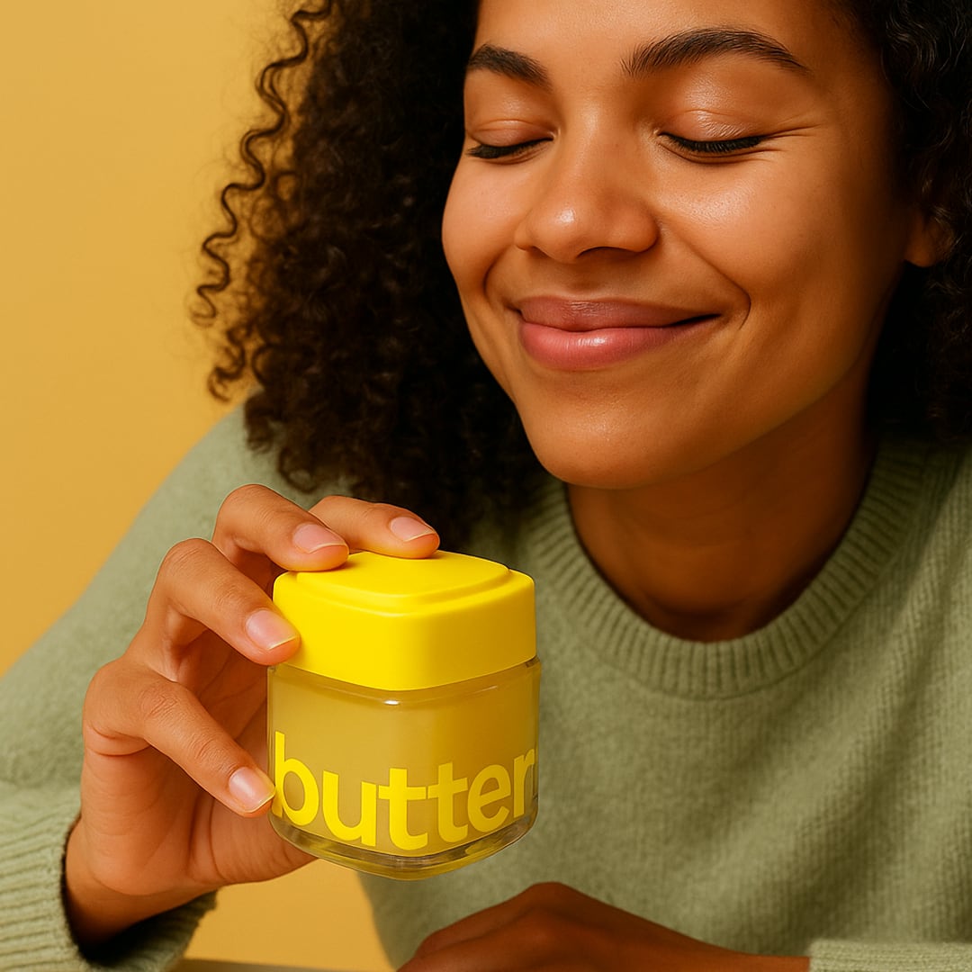 A woman smiling with a jar of butter in her hand.