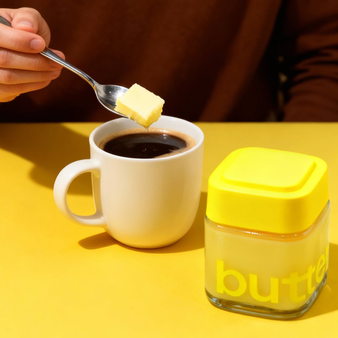 A cup of coffee with a knob of butter going in, the jar beside it.