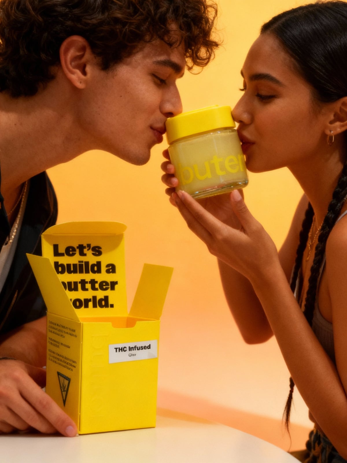 Two people kissing a jar of butter between them, the open box in front.