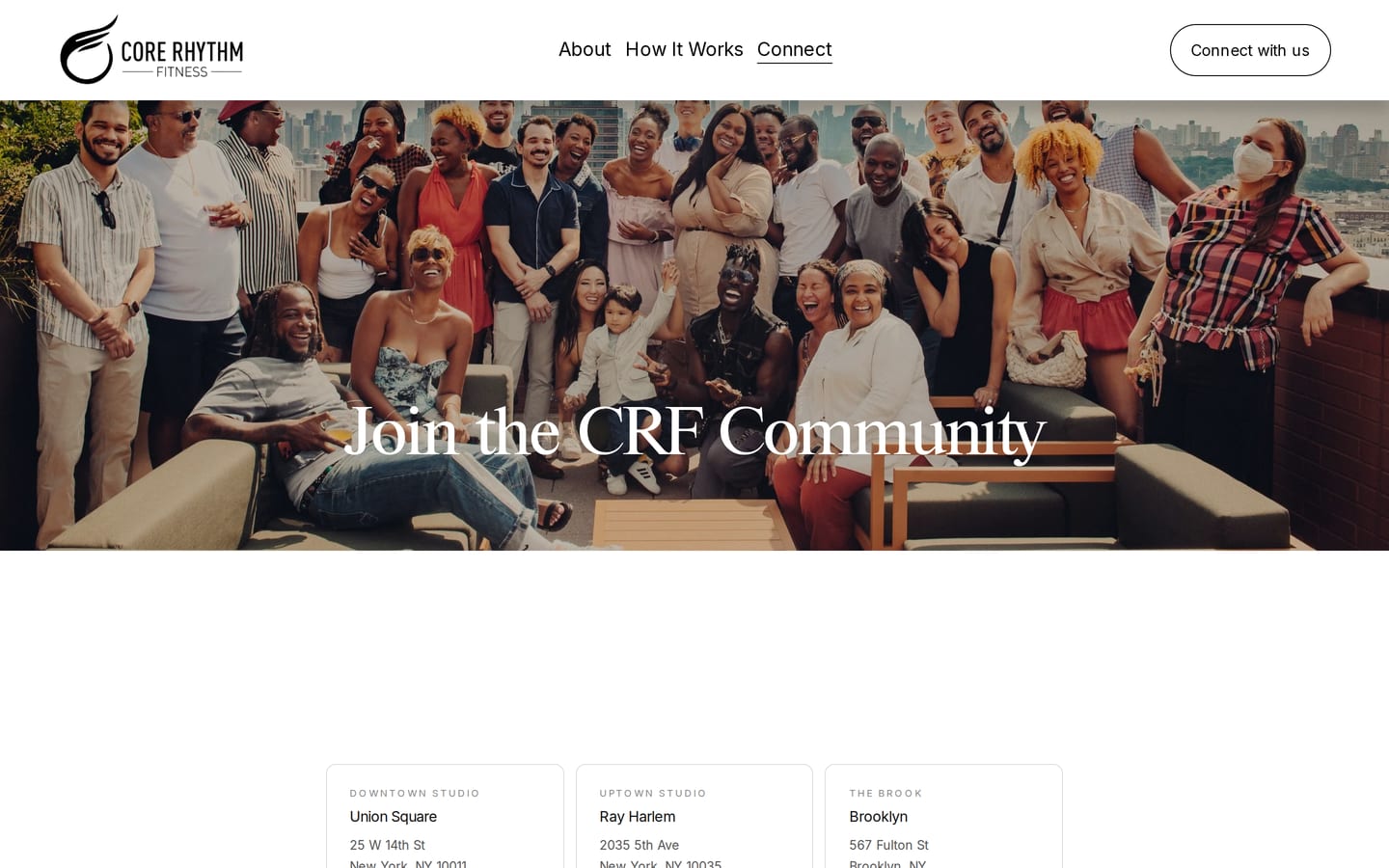 corerhythmfitness.net: the Connect page.