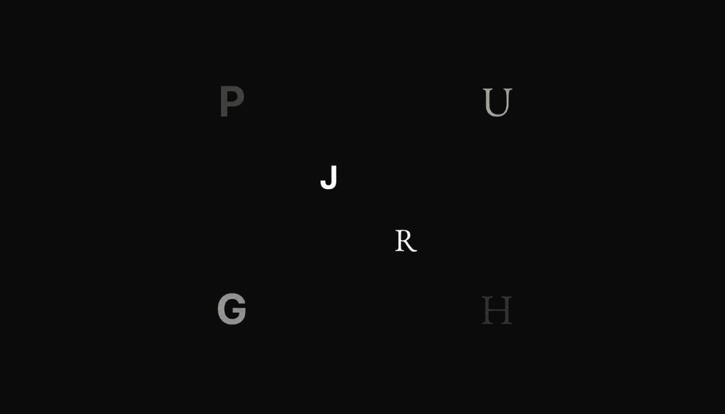 The back of JR Pugh's business card: the letters of his name scattered on black, J and R in white, P U G H fading around them.