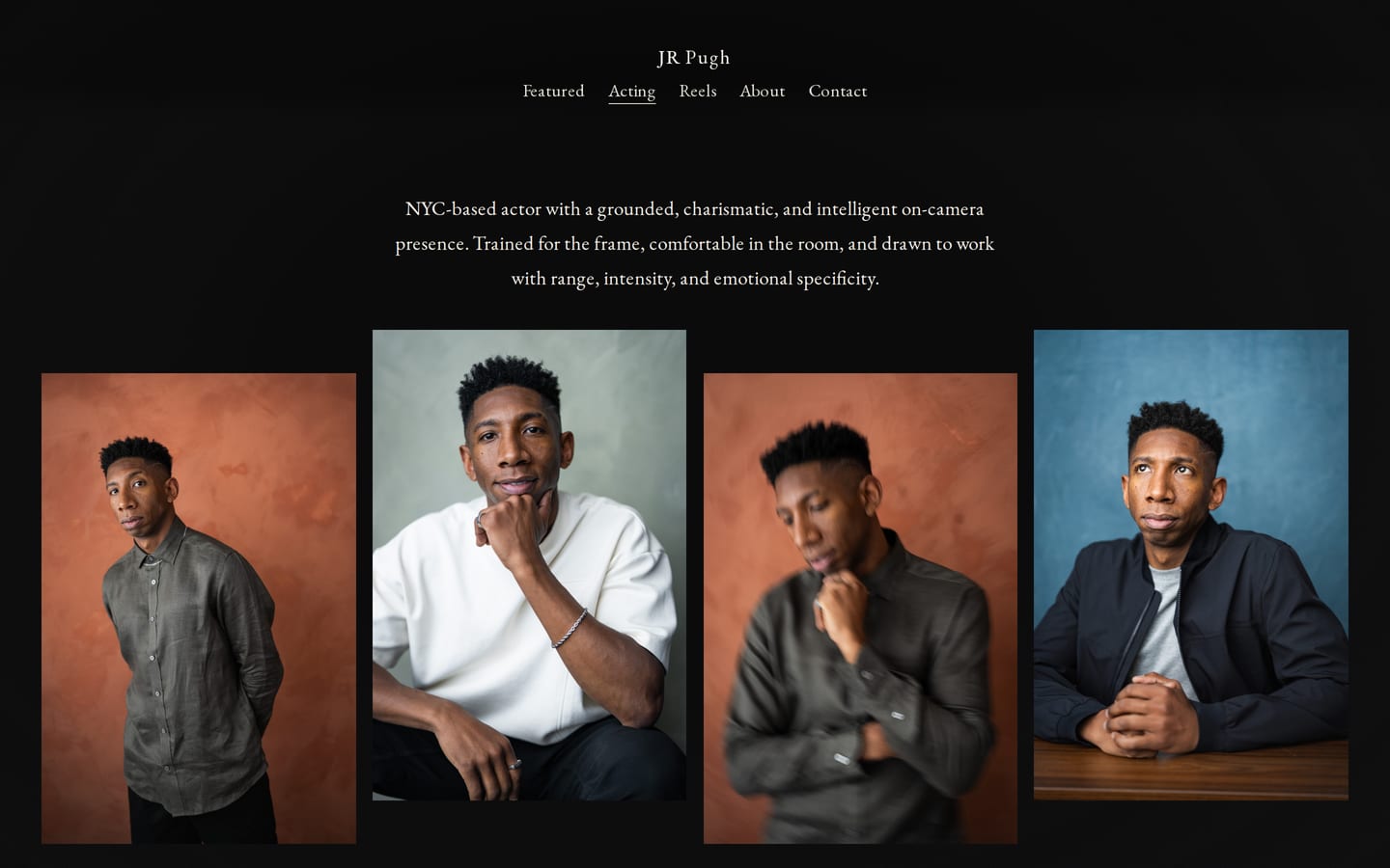 The Acting page: four colour headshots in a row under the menu.