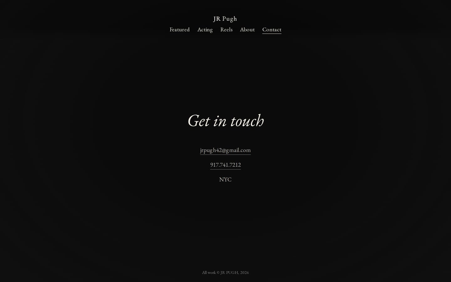 The Contact page: the email address, the phone number and NYC, with the résumé button.