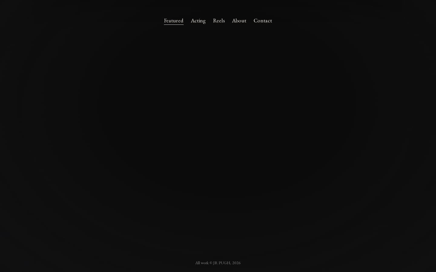 The Featured page of jeffvhs.com: a dark frame with Actor, NYC and JR Pugh at its centre, the menu above, the rail on the left.