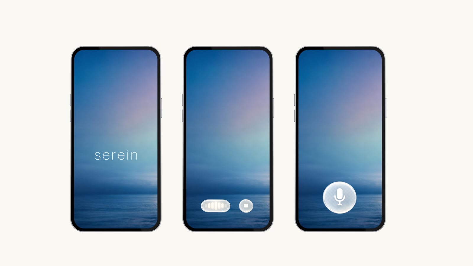 Three phones on a warm white ground, each showing an ocean horizon at dusk: the first with the word serein, the second with a recording level and a stop button, the third with a microphone button.