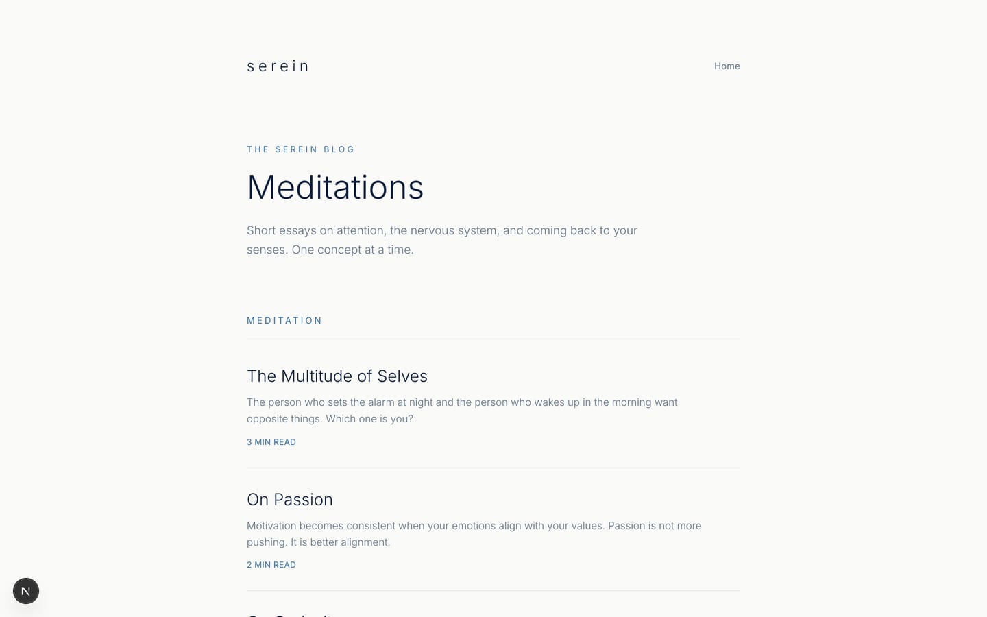 The Blog page of withserein.com: a list of essays on a warm white ground.