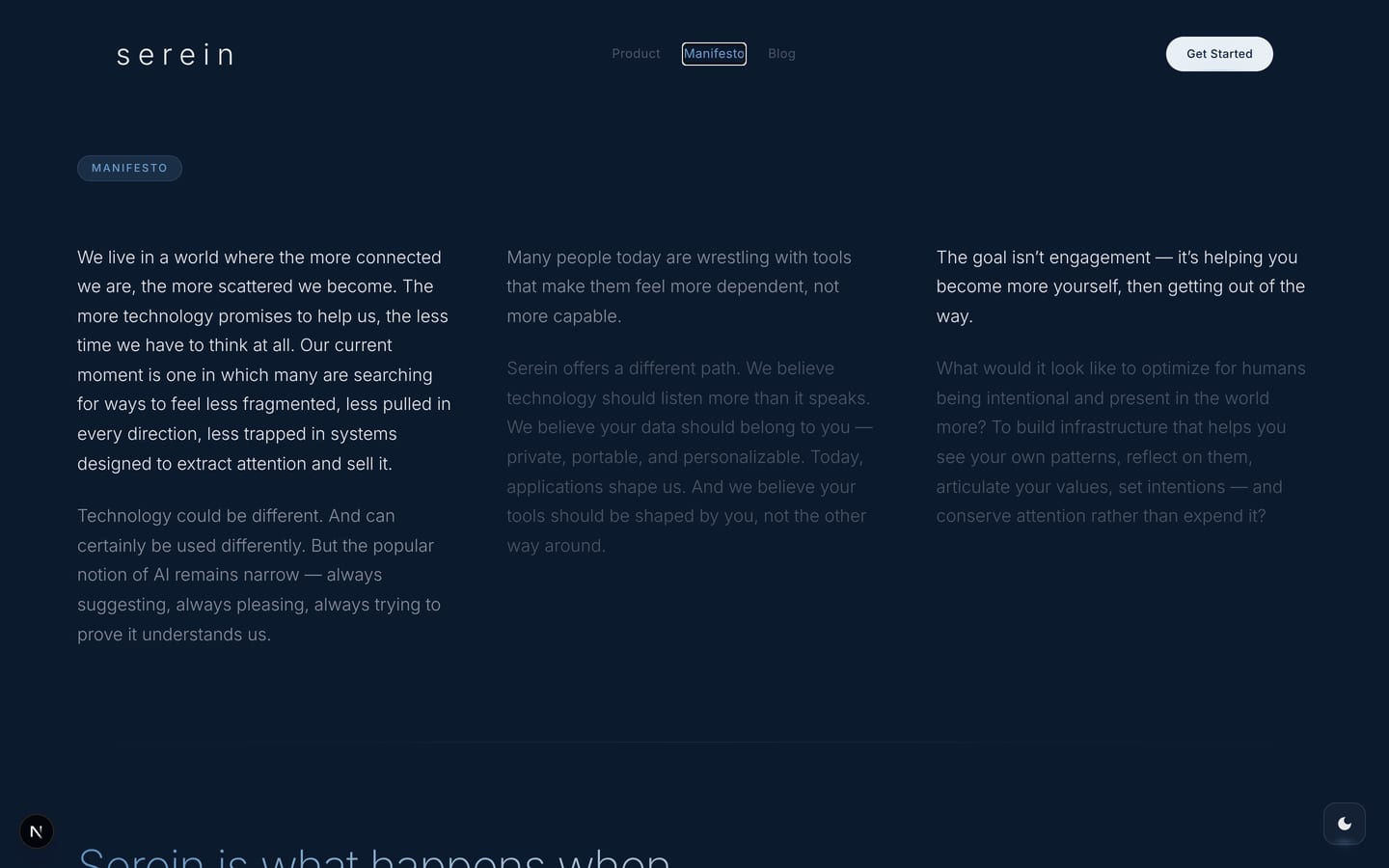 The Manifesto page of withserein.com: the text in three columns.