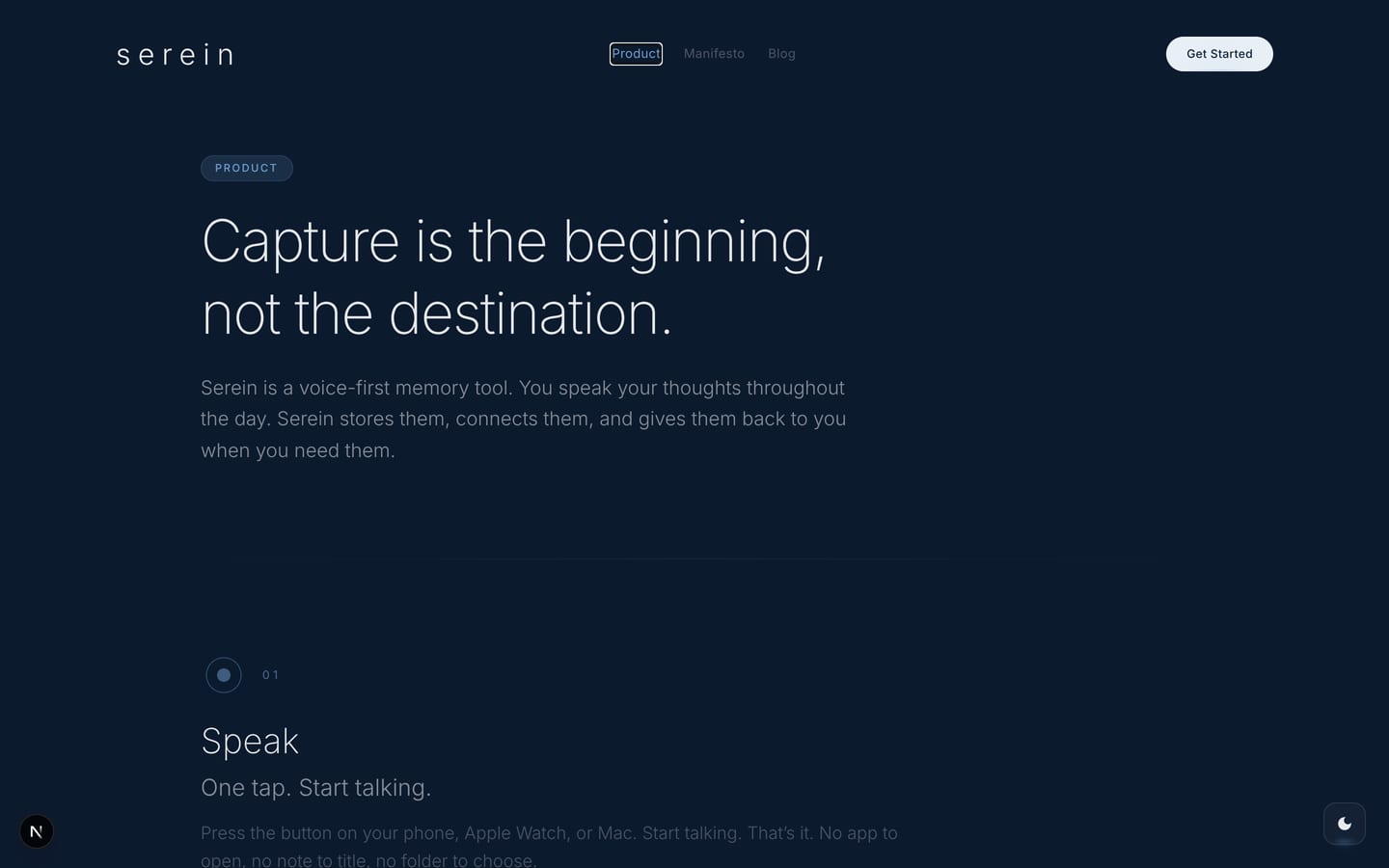 The Product page of withserein.com: Speak, Keep, Ask, one after another, on the navy ground.
