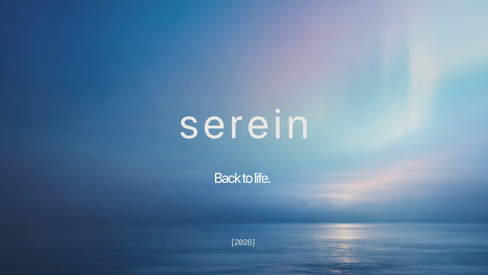 The serein wordmark over a photograph of the sea at dusk, the water deep blue under a paler sky.