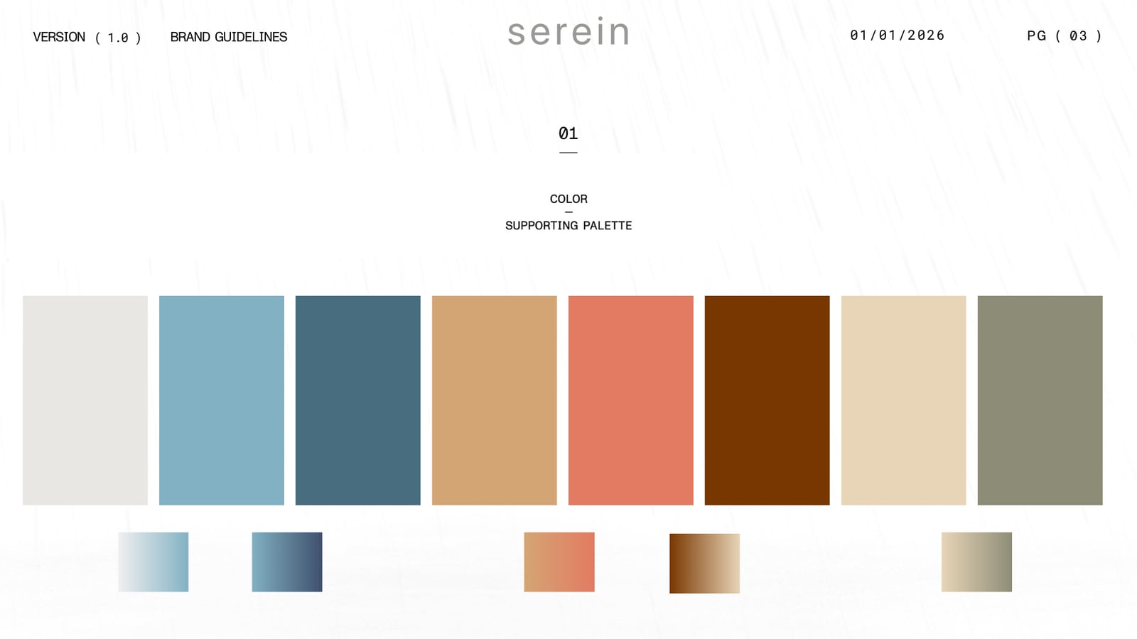 A page of the brand guidelines: the supporting palette, eight swatches from pale grey through blues, tan, coral and rust to sage.