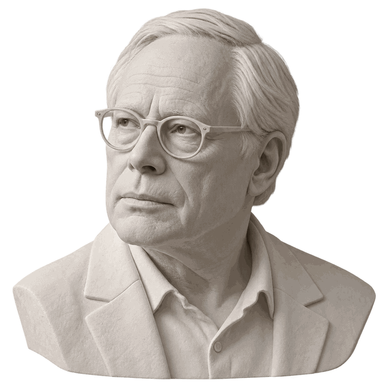 A white plaster bust of Dieter Rams on a paper ground.
