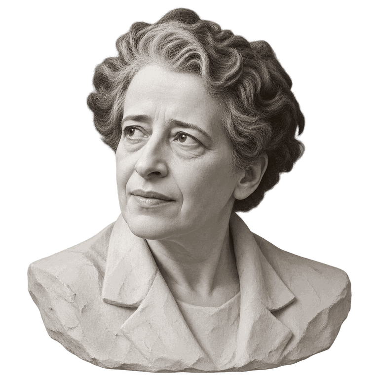 A white plaster bust of Hannah Arendt on a paper ground.