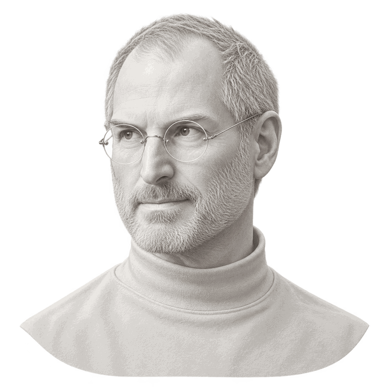 A white plaster bust of Steve Jobs on a paper ground.